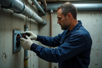 Électricien inspectant un raccord étanche sur une paroi en béton humide dans un sous-sol industriel