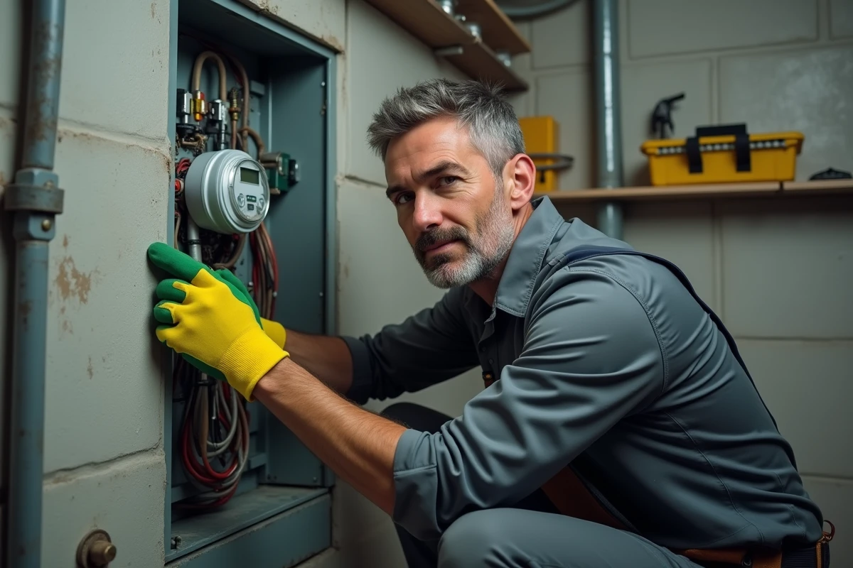 Électricien professionnel installant un compteur communicant dans un tableau électrique résidentiel