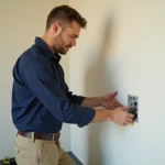 Électricien installant une prise domino électrique sur un mur blanc avec outils professionnels