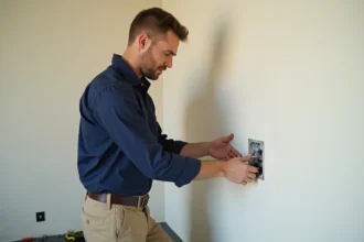 Électricien installant une prise domino électrique sur un mur blanc avec outils professionnels