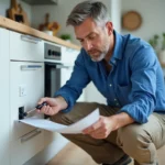 Électricien vérifiant une prise électrique dans une cuisine moderne