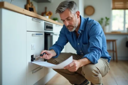 Électricien vérifiant une prise électrique dans une cuisine moderne