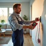 Électricien utilisant un multimètre dans un salon lumineux