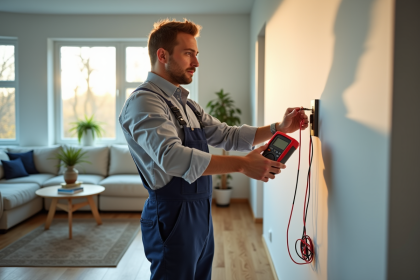 Électricien utilisant un multimètre dans un salon lumineux