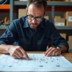 Électricien professionnel analysant un schéma électrique de disjoncteur différentiel type A sur un établi d'atelier