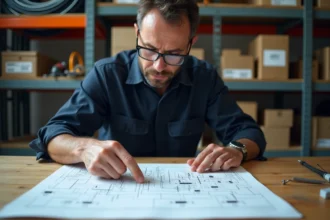 Électricien professionnel analysant un schéma électrique de disjoncteur différentiel type A sur un établi d'atelier