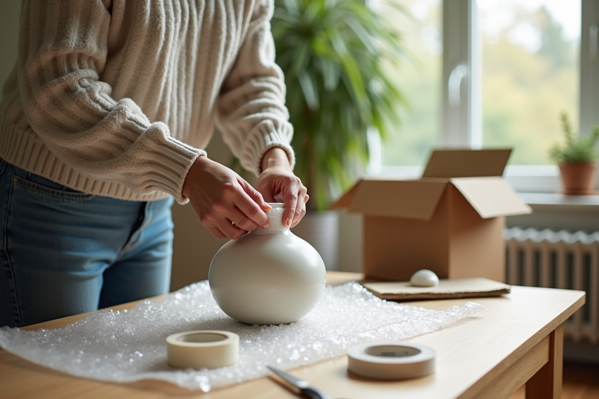 Femme emballant une vase en céramique dans un intérieur lumineux