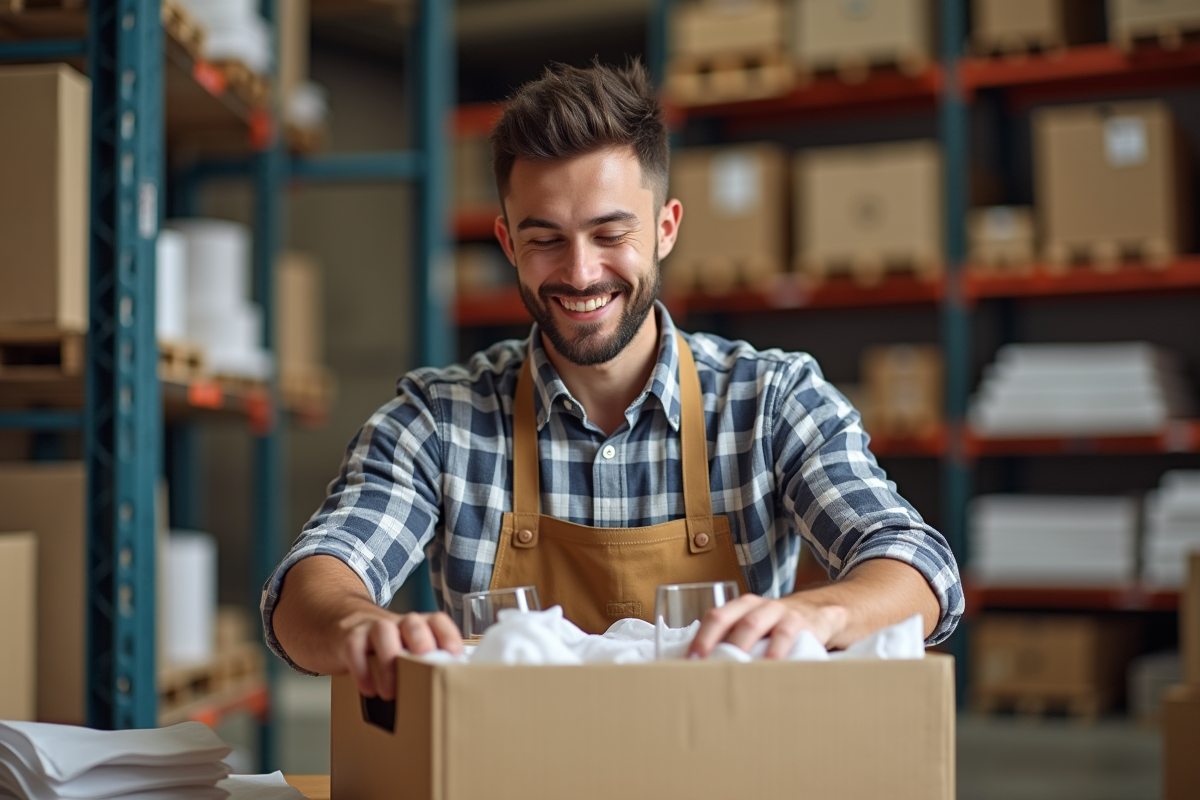 Jeune homme sécurisant du verre dans une caisse d