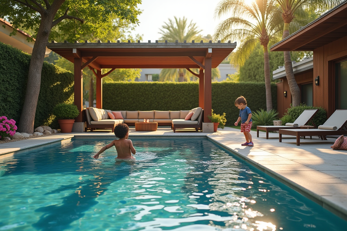 Enfants jouant près de la piscine sous un pergola ombragée en fin d