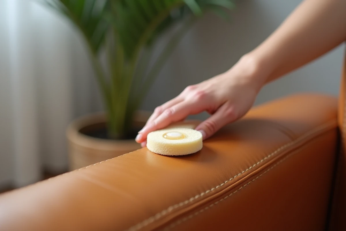 Gros plan sur l'entretien d'un accoudoir de canapé en cuir caramel avec un applicateur et du baume conditionneur
