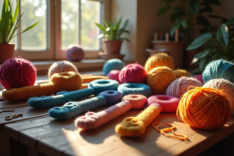 Plusieurs épingles en laine colorée sur une table en bois