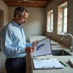 Architecte masculin analysant une estimation de travaux de rénovation cuisine sur chantier