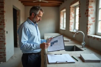 Architecte masculin analysant une estimation de travaux de rénovation cuisine sur chantier