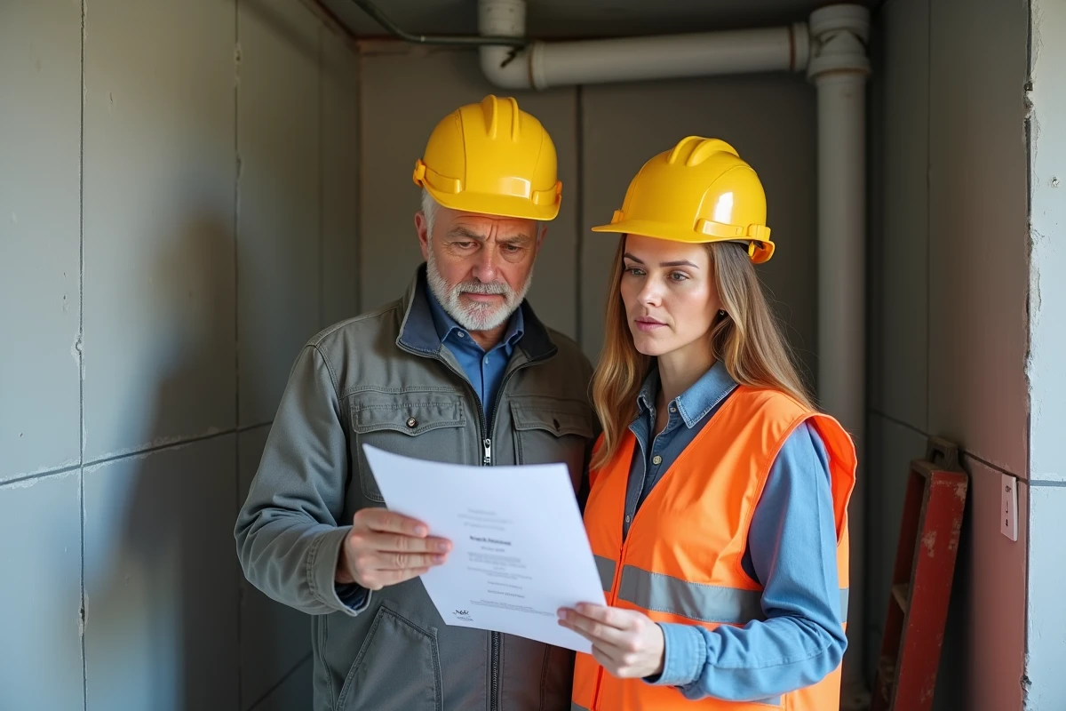 Entrepreneur et chef de projet vérifiant une estimation de rénovation salle de bain sur chantier