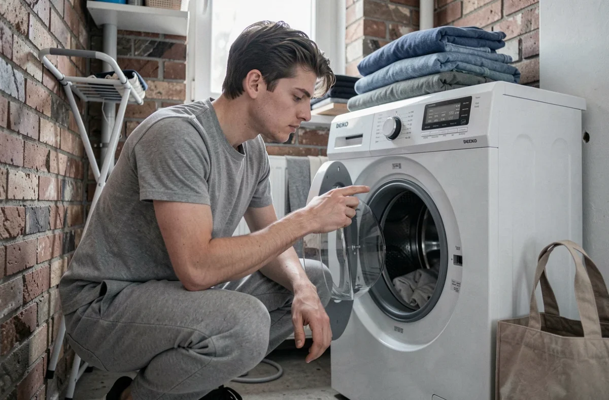 Étudiant inspectant les réglages d'un lave-linge Beko dans un studio étudiant