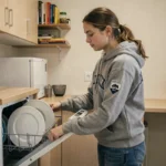 Étudiante chargeant un lave-vaisselle Beko dans une petite cuisine d'appartement étudiant