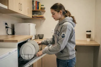 Étudiante chargeant un lave-vaisselle Beko dans une petite cuisine d'appartement étudiant