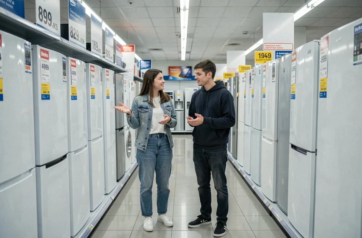 Deux étudiants comparant le prix des réfrigérateurs Beko dans un magasin d'électroménager
