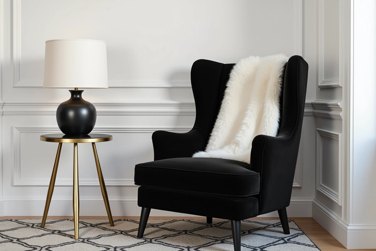 Fauteuil velours noir avec table ronde en laiton, plaid blanc et lampe dorée dans un coin salon glamour