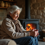 Femme âgée allumant le poêle dans une maison rurale