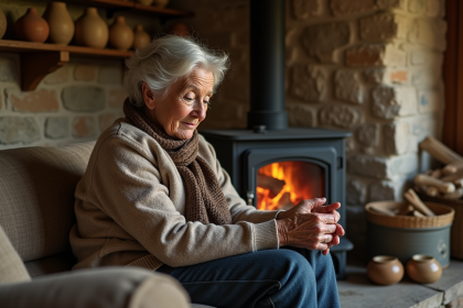 Femme âgée allumant le poêle dans une maison rurale