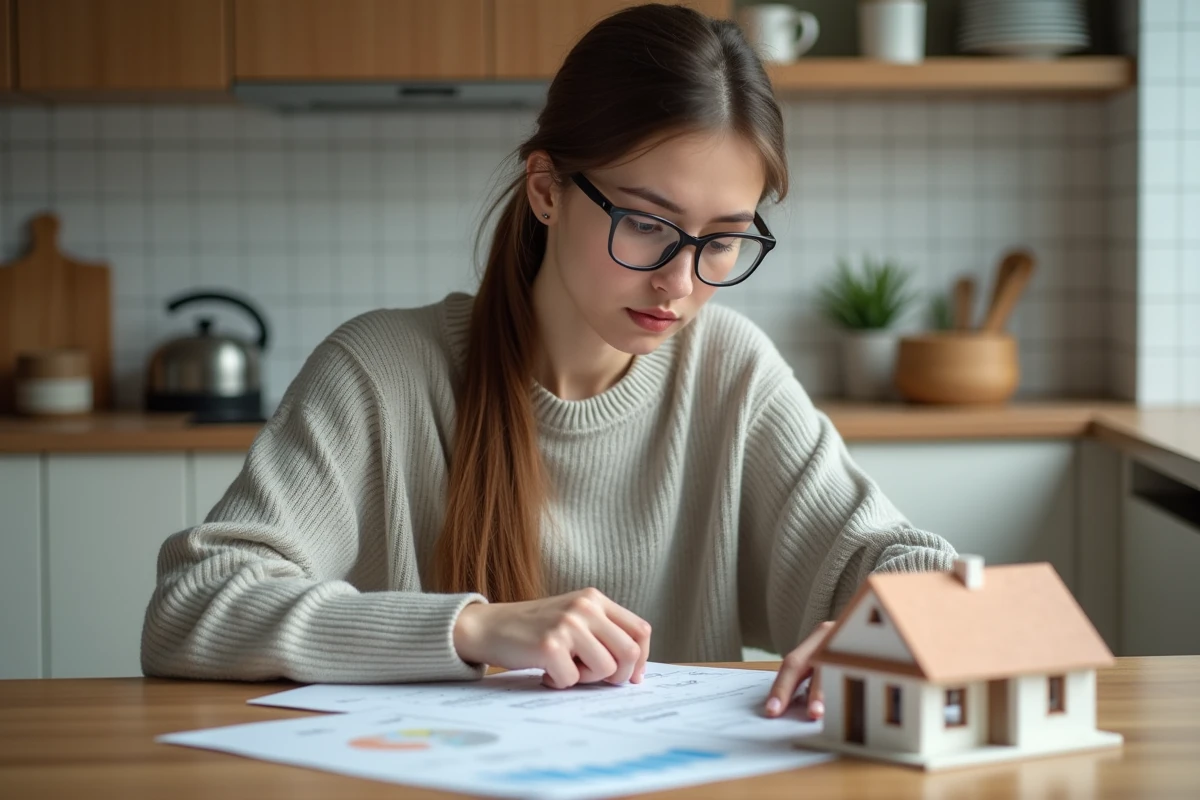 Femme étudiant factures dans cuisine moderne