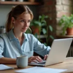 Femme consultant une assurance habitation en ligne sur son ordinateur portable dans un appartement moderne