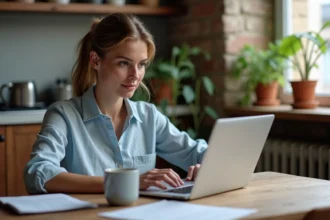 Femme consultant une assurance habitation en ligne sur son ordinateur portable dans un appartement moderne