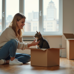 Femme en jeans et pull encourageant un chat tigré à sortir d'une boîte en carton dans un salon