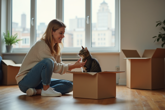 Femme en jeans et pull encourageant un chat tigré à sortir d'une boîte en carton dans un salon