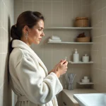 Femme en peignoir blanc dans une salle de bain compacte