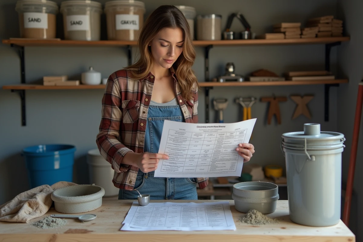 Jeune femme bricolant mesurant du ciment dans un garage