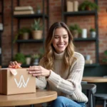 Femme souriante recevant un cadeau dans un café cosy