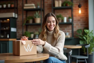 Femme souriante recevant un cadeau dans un café cosy