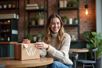 Femme souriante recevant un cadeau dans un café cosy