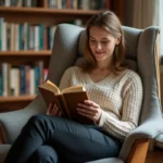 Femme assise dans une chaise de lecture ergonomique rembourrée dans une bibliothèque personnelle chaleureuse