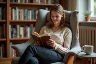 Femme assise dans une chaise de lecture ergonomique rembourrée dans une bibliothèque personnelle chaleureuse