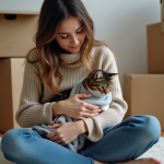 Jeune femme avec un chat dans une pièce en transition
