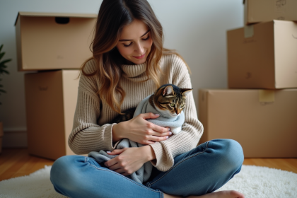 Jeune femme avec un chat dans une pièce en transition