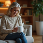 Femme dans un salon cosy utilisant un chauffage électrique