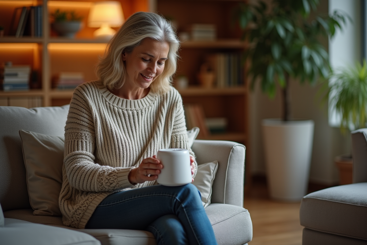 Femme dans un salon cosy utilisant un chauffage électrique