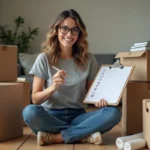 Femme consultant une checklist de déménagement assise entourée de cartons étiquetés dans un salon en cours de déménagement
