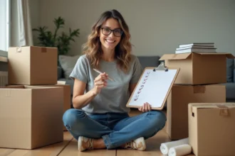 Femme consultant une checklist de déménagement assise entourée de cartons étiquetés dans un salon en cours de déménagement