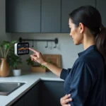 Femme consultant un compteur intelligent sur le mur de sa cuisine moderne pour piloter sa consommation d'énergie