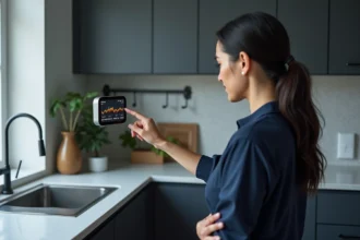 Femme consultant un compteur intelligent sur le mur de sa cuisine moderne pour piloter sa consommation d'énergie