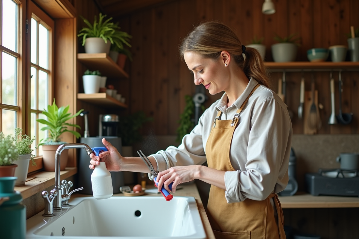 Femme désinfectant des outils de jardin dans un abri lumineux