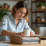 Femme emballant une tasse en carton dans la cuisine