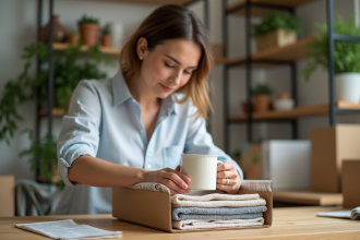Femme emballant une tasse en carton dans la cuisine