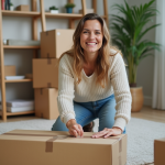 Jeune femme emballant une boxe de déménagement dans un salon