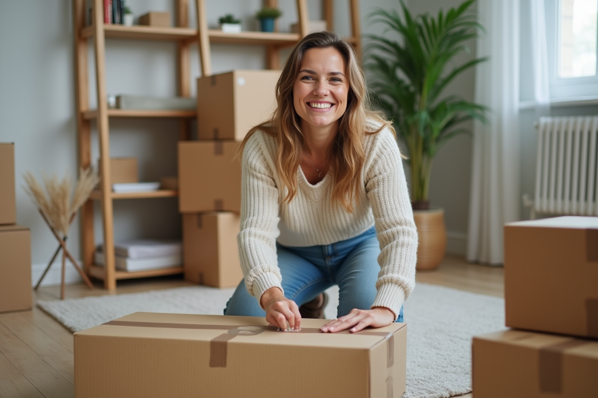 Jeune femme emballant une boxe de déménagement dans un salon